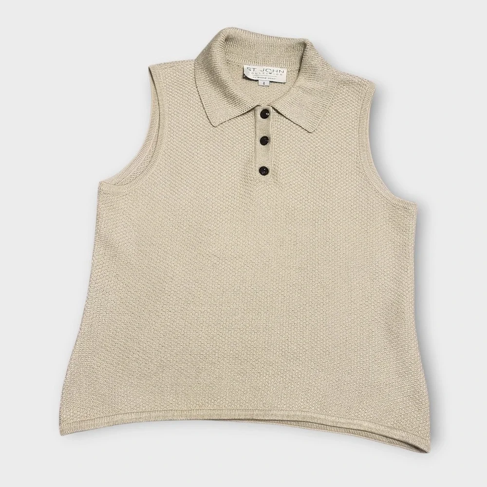St John Collection Marie Gray Knit Sleeveless Polo Sweater Gold Metallic Size 4